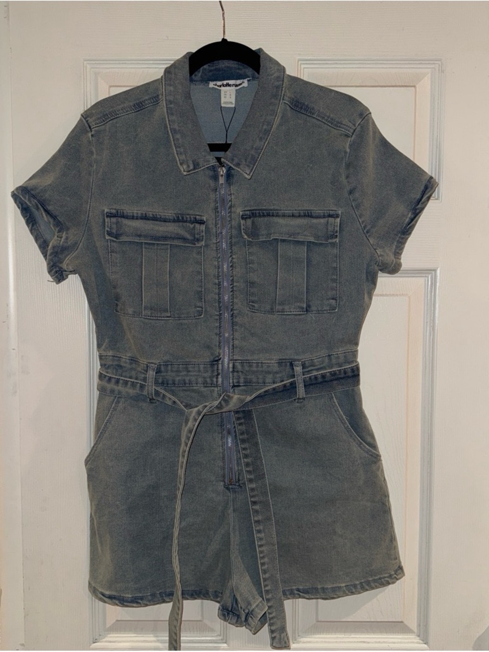 Charlotte Russe Zip-Up Utility Jean Romper with belt